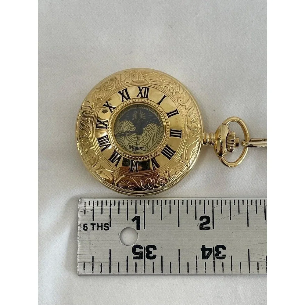 Majesti Gold Tone Sun Moon Phase Pocket Watch Swiss Parts Roman Numeral Date